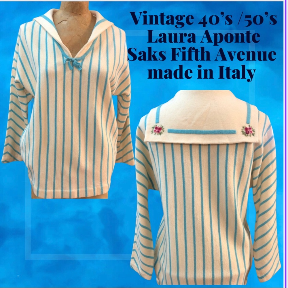 *Vintage 40’s /50’s - nautical - Italian wool sweater- aqua & cream  stripe -M/L